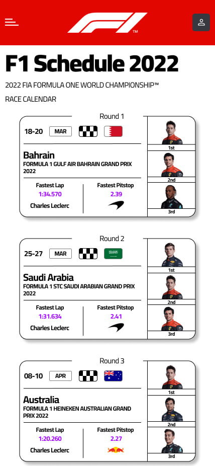Screenshot of the mobile schedule page, showing round cards stacked on top of each other